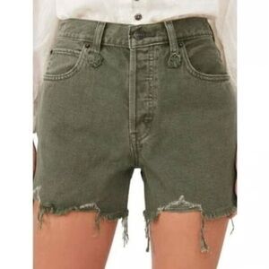 Free People Cut Off Denim Shorts Green Distressed Long Jorts Olive